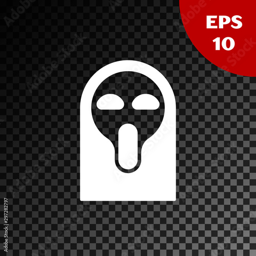 White Funny and scary ghost mask for Halloween icon isolated on transparent dark background. Happy Halloween party. Vector Illustration