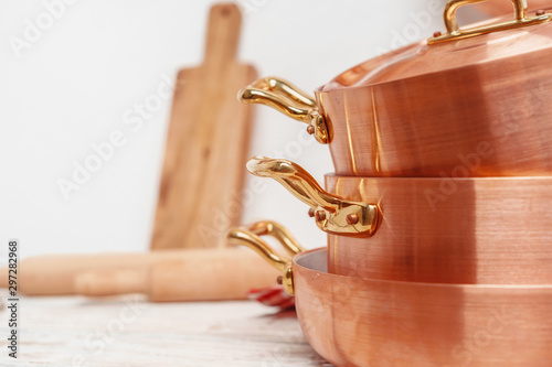 kitchen for professional use with lots of copper pots
