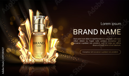 Crystal cosmetics pump bottle mockup banner. Mineral natural hydrating beauty cosmetic product on dark background with gold shining grains. Advertising promo template for magazine Realistic 3d vector