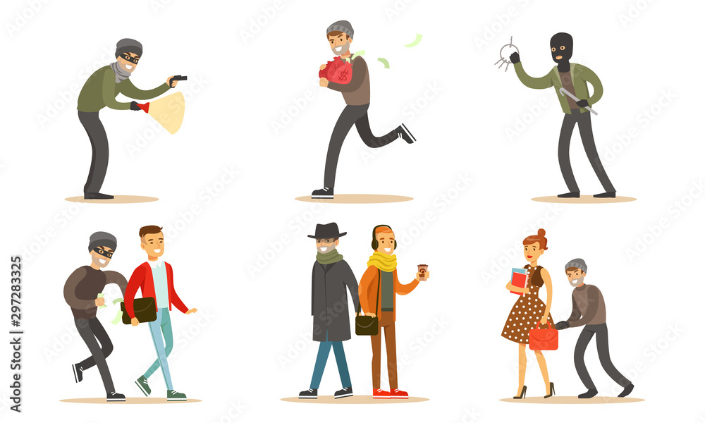Criminals and Robbers Characters Set, Pickpockets in Dark Clothes Stealing Wallets Vector Illustration
