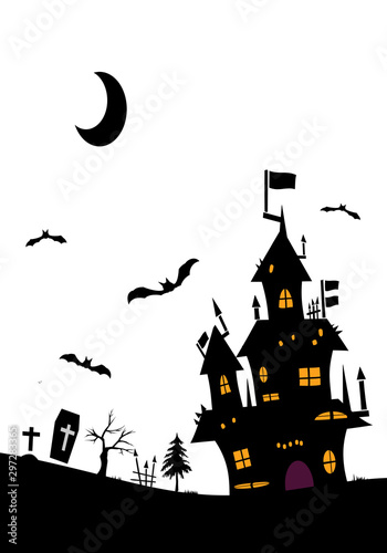 Halloween background material. Monochrome material. Castle, bats and grave. ハロウィンの背景素材。モノクローム素材 城とコウモリと墓