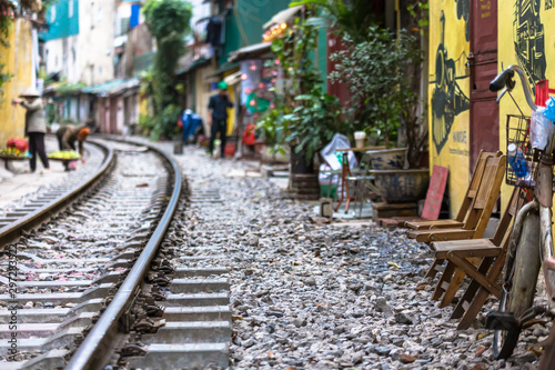 Railway track in back lane alley amazing for tourist in Hanoi Vietnam Indochina