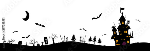 Halloween background material. Monochrome material. Castle, bats and grave. ハロウィンの背景素材。モノクローム素材　城とコウモリと墓