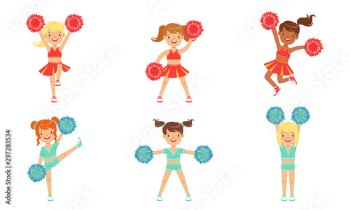 Cute Little Cheerleader Girls Dancing Set, Girls Dancers with Pompoms During Sports Competition Vector Illustration