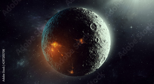 planet with human settlement seen from space, futuristic space 3d illustration