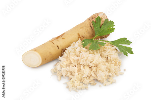 Fototapet Horseradish root with slices grated pile and parsley isolated on white backgroun