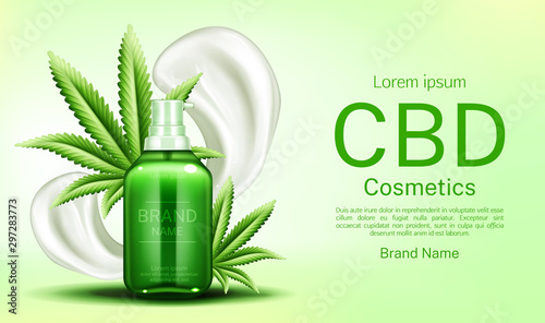 Cbd cosmetics bottle with cream smears and cannabis leaves web banner mockup, pump tube with hemp cannabinoid extract. Legal marijuanna weed thc cosmetic product. Realistic 3d vector illustration