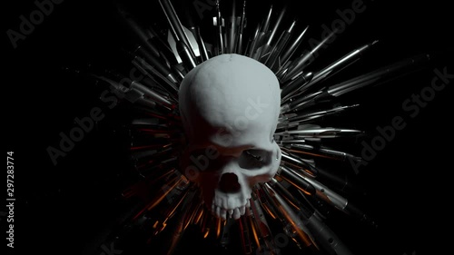 3d render of missiles cloned in round form around detailed skull. Dark theme. Military or army threat.