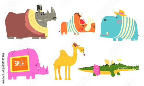 Funny African Animals Cartoon Characters Set  Rhinoceros  Porcupine  Camel  Crocodile  Hippopotamus Vector Illustration