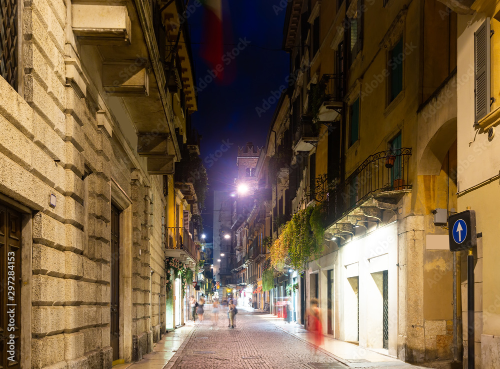 Illuminated Verona streets in night