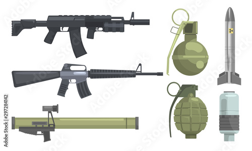 Modern Weapons Set, Gun, Rifle, Submachine, Shotgun, Grenade, Bomb, Ballistic Missile Vector Illustration