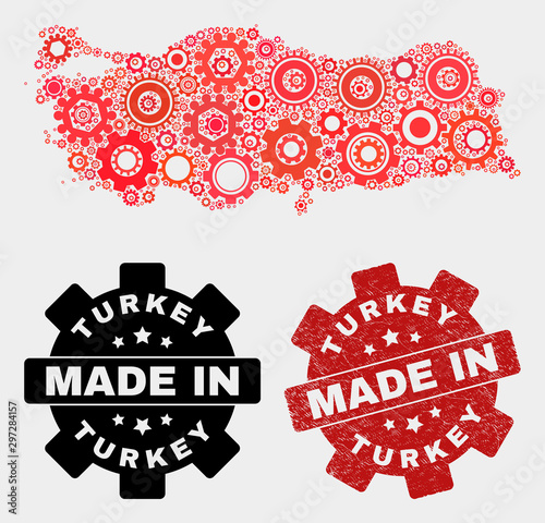 Mosaic technical Turkey map and grunge seal. Vector geographic abstraction in red colors. Mosaic of Turkey map combined of random cogwheel items. Red colored model for technical, or political posters.
