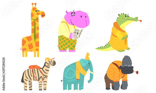 Funny African Animals Cartoon Characters Set, Giraffe, Hippopotamus, Crocodile, Gorilla, Elephant, Zebra Vector Illustration