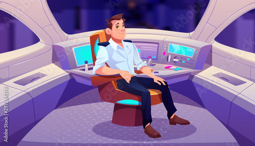 Train driver in cockpit, railroad engineer sitting in turning armchair near control panel in railway car cabin with electronic dashboard, buttons and panoramic windows. Cartoon vector illustration