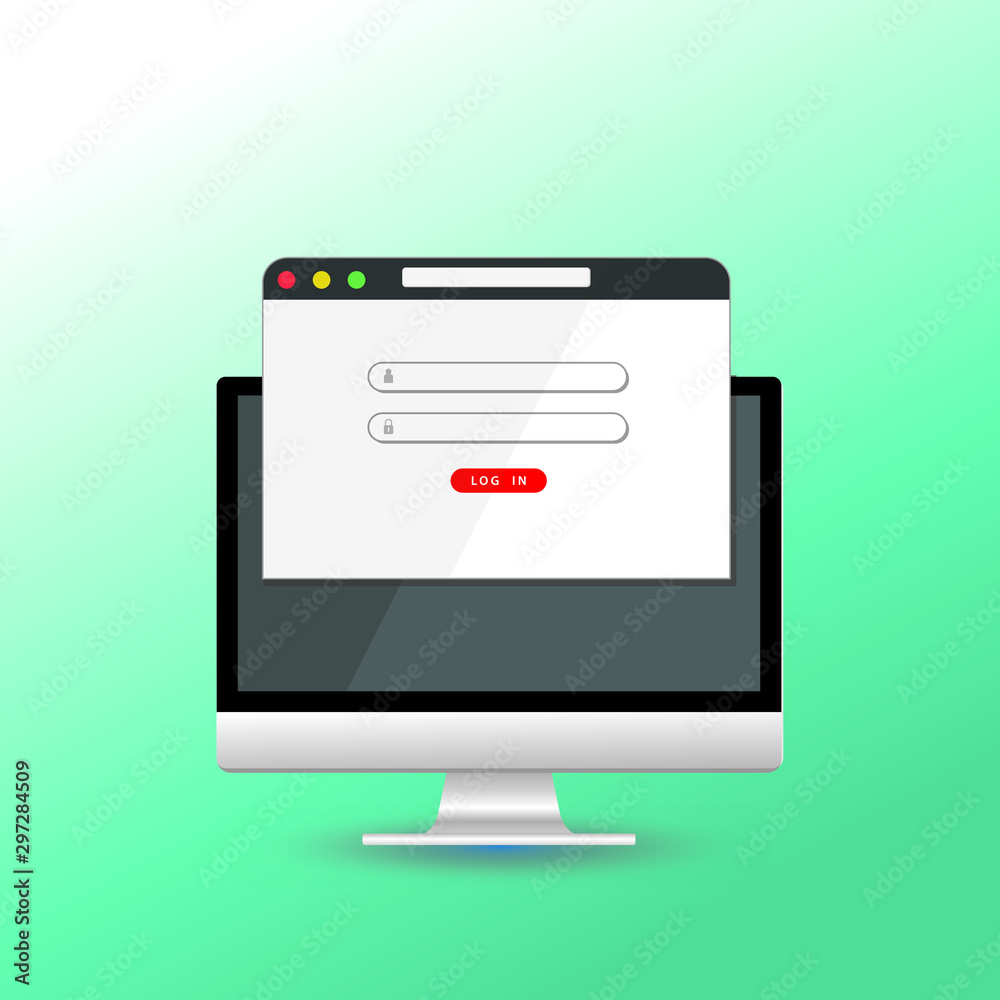 Computer or monitor with log in form interface. For a web page,Sign in to account, user authorization, login authentication page. Computer or monitor with log in form interface. For a web page,Sign in to account, user authorization, login authentication page.
