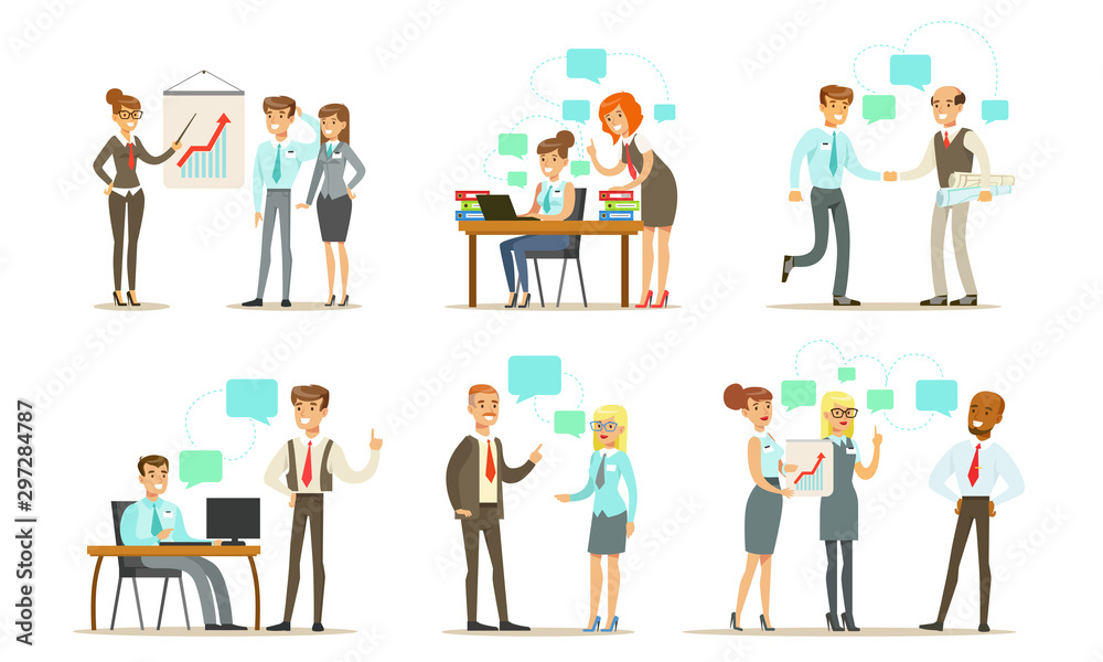 Business People Characters Working in the Office Set, Male and Female Managers or Employees Metting, Discussing Projects and Working Together Vector Illustration
