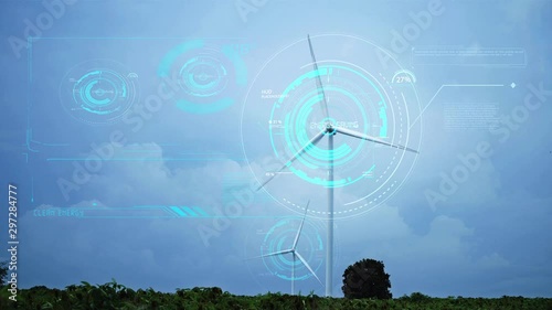 Modern Wind Turbines with digitally generated holographic display tech data visualization.Wind Turbines with clean energy counter layout for sustainable development in a green ecologic way