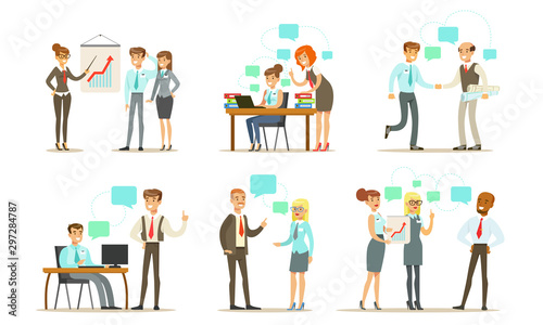 Business People Characters Working in the Office Set, Male and Female Managers or Employees Metting, Discussing Projects and Working Together Vector Illustration © topvectors
