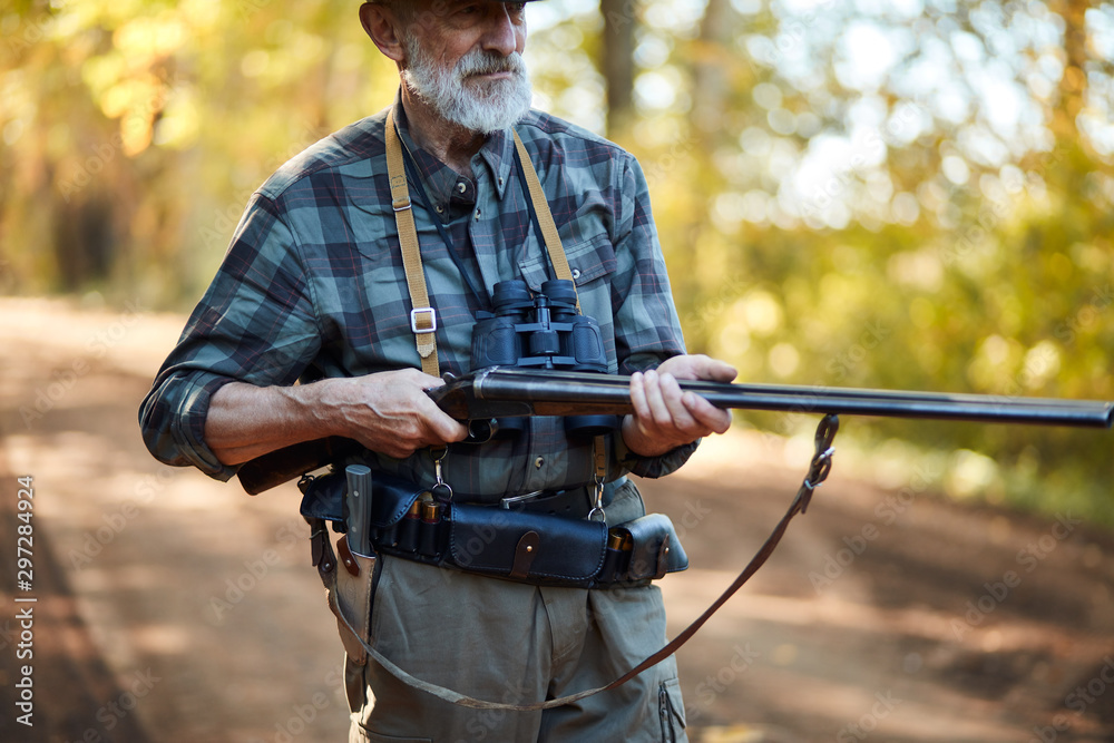 Fototapeta premium Older hunter man with grey beard holding gun to hunt on birds, ready to shoot. Forest background