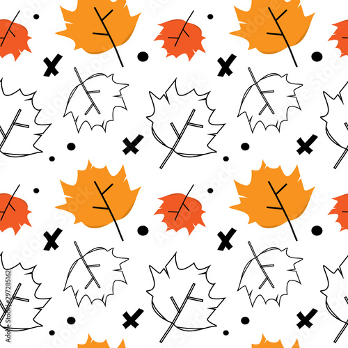 Red  orange and outline autumn maple leaves fall and flight on white background. Vector seamless pattern for textile design and printing.