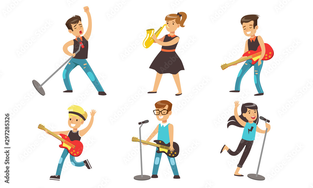 Kids Playing Musical Instruments and Singing, Teenage Boys and Girls Performing on Stage Vector Illustration