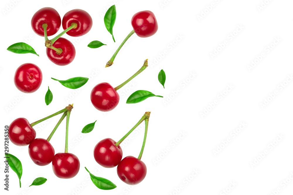 Some cherries with leaf closeup isolated on white background. With copy space for your text. Top view. Flat lay Some cherries with leaf closeup isolated on white background. With copy space for your text. Top view. Flat lay