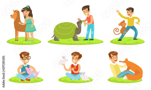 Happy Children and Cute Animals In Petting Zoo Set, Boys and Girls Playing, Feeding and Hugging with Alpaca, Turtle, Monkey, Piglet, Rabbit, Fox Vector Illustration