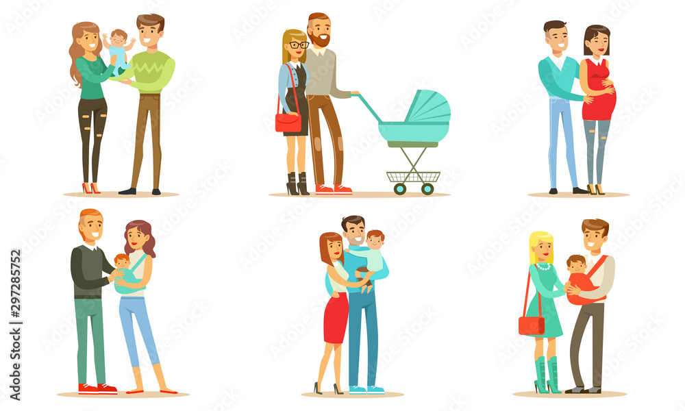 Happy Families with Babies Set, Smiling Mother, Father and Kids, Family Couple Expecting Baby Vector Illustration
