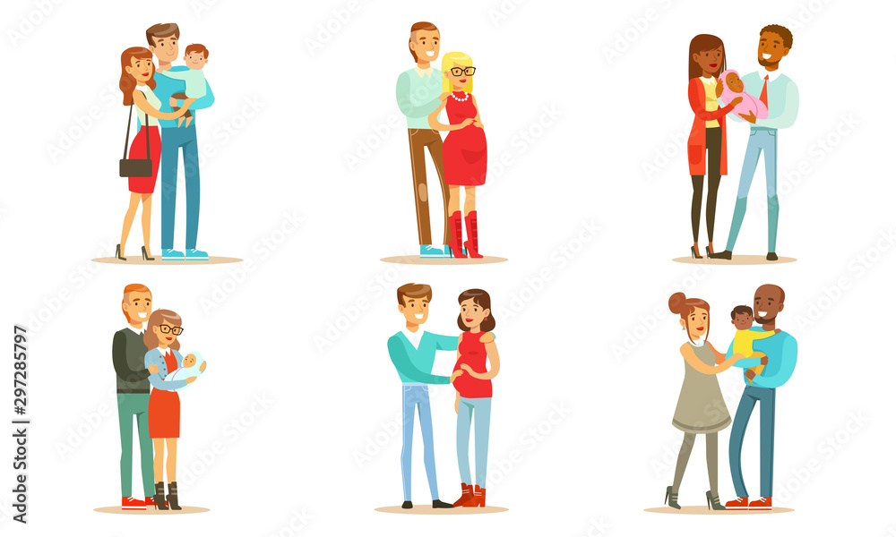 Happy Traditional Families with Babies Set, Smiling Mother, Father and Kids, Family Couple Expecting Baby Vector Illustration