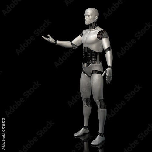 futuristic robot, male android presenting an empty space, cyborg on shiny stage background © dottedyeti