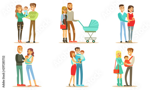 Happy Families with Babies Set  Smiling Mother  Father and Kids  Family Couple Expecting Baby Vector Illustration