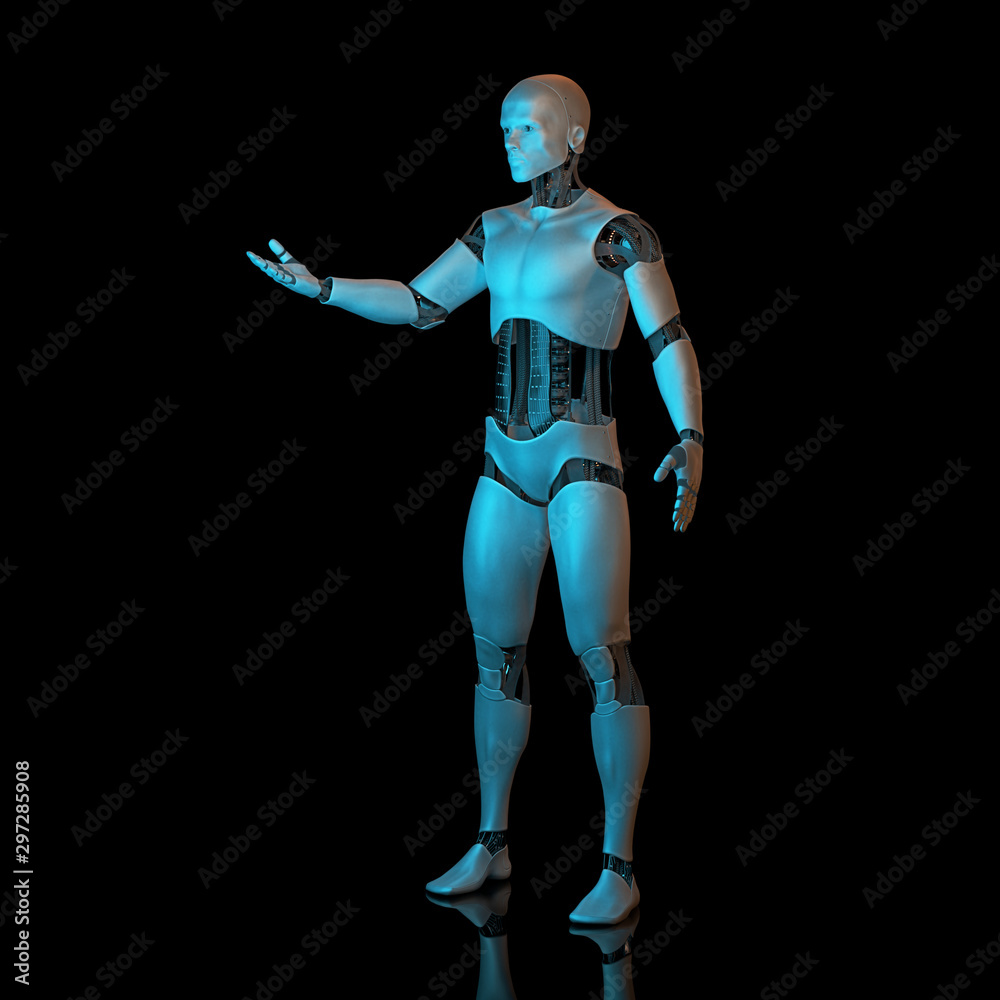 futuristic robot, male android presenting an empty space, cyborg on shiny stage background 