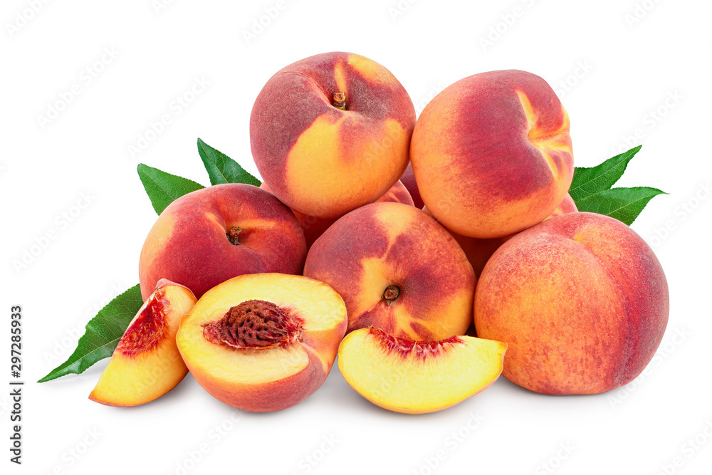 Ripe peach fruit and half with leaf isolated on white background Ripe peach fruit and half with leaf isolated on white background