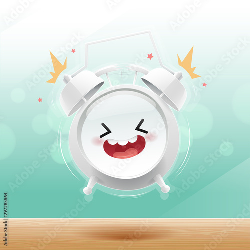 The alarm clock is happy in the morning on the bokeh background. Good morning and Happy day. Have a good day concept.