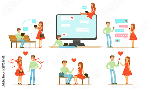 Couple Using Mobile Application for Dating, Young Man and Woman Chatting Online with Their Gadgets Vector Illustration