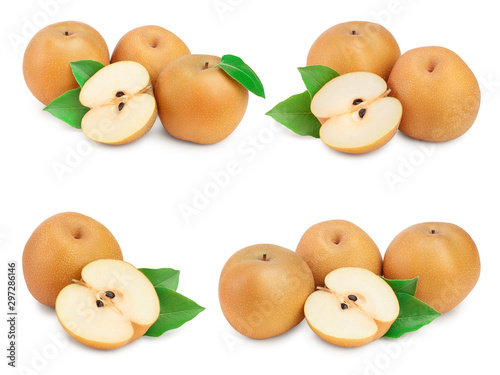 Set or collection fresh asian pear with leaf isolated on white background