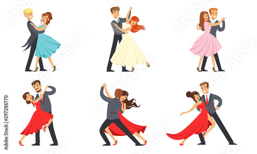 Dancing Couples Set, Professional Dancers Performing Tango, Waltz And Other Dances Vector Illustration