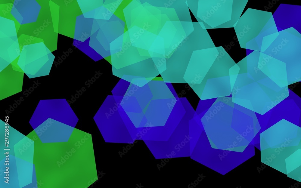 Multicolored translucent hexagons on dark background. Green tones. 3D illustration