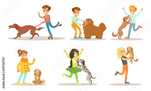 Cute Boys and Girls Playing with Their Dogs Set Vector Illustration
