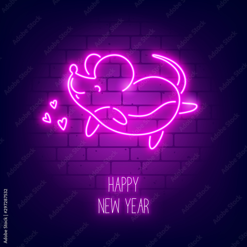 Cute glowing mouse and contour hearts on a brick wall. Vector illustration in neon style. Cute glowing mouse and contour hearts on a brick wall. Vector illustration in neon style.