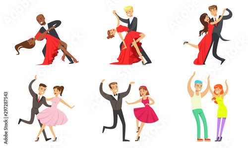 Dancing Couples Set, Professional Dancers Performing Classical Dances Vector Illustration