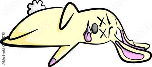 Cartoon style illustration of a cute and fluffy but dead bunny rabbit lying on its side with its tongue sticking out. photo