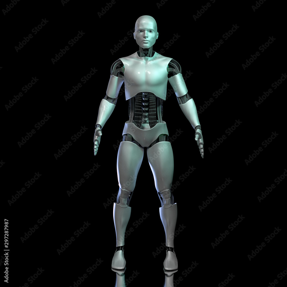 futuristic robot, male cyborg isolated on a black shiny stage background