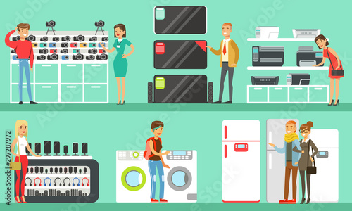 People Shopping in a Mall Set, Men and Women Choosing and Buying Electronics and Household Appliances in Store, Electronics Mall Interior with Customers Vector Illustration