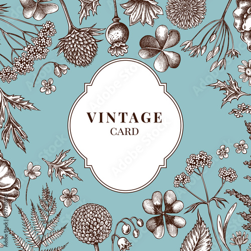 Badge over design with shepherd's purse, heather, fern, wild garlic, clover, globethistle, gentiana, astilbe, craspedia, lagurus, black caraway, chamomile, dandelion, poppy flower, lily of the valley