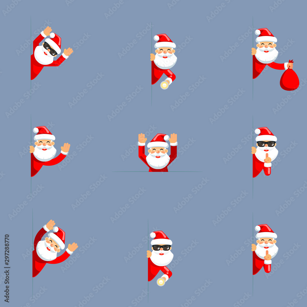 Fototapeta premium Secret santa claus peeking out corner surrender cartoon characters flat set design isolated vector illustration