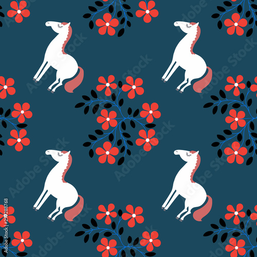 Seamless pattern with cartoon style horse and flowers.