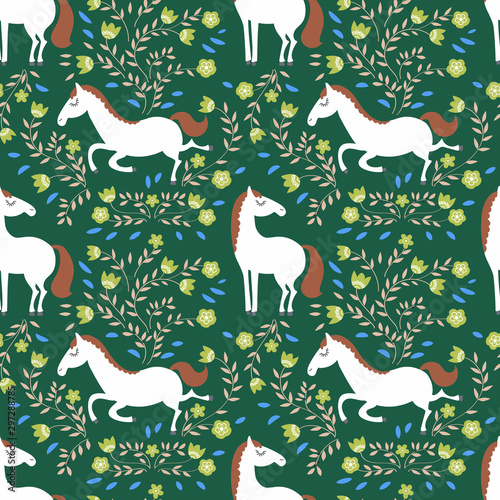 Seamless pattern with cartoon style horse and flowers.