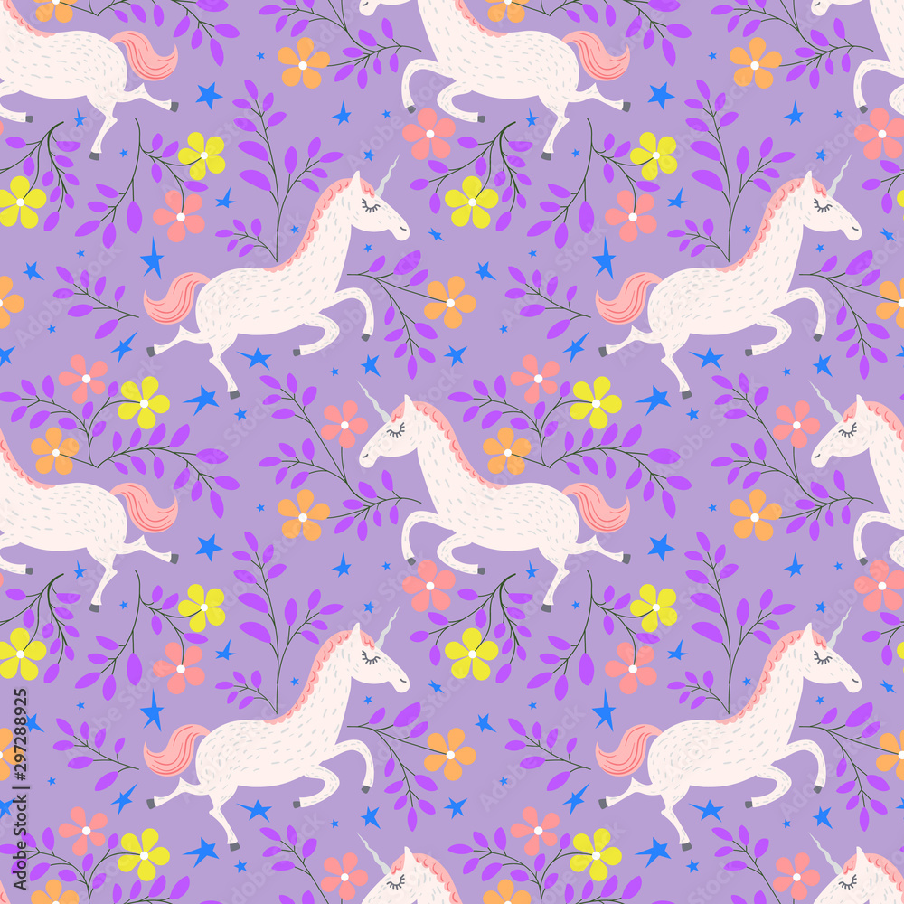 Seamless pattern with cartoon style horse unicorn and flowers.