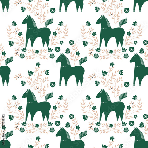 Seamless pattern with cartoon style horse and flowers.